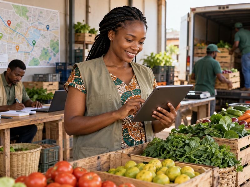 Dans un entrepôt, une coordinatrice consulte une tablette devant des caisses de légumes ; au mur, une carte à repères.