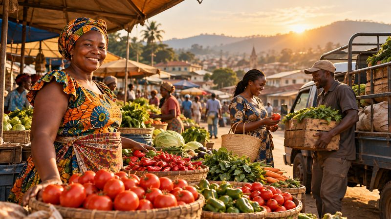 Un marché de légumes au petit matin : une vendeuse devant ses paniers de tomates et de piments, un camion chargé à l'arrière.