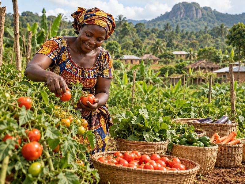 Une productrice cueille des tomates dans son champ ; devant elle, des paniers de légumes récoltés.