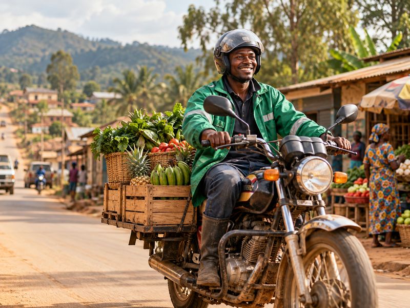 Un transporteur à moto sur une route de terre, des caisses de légumes et de fruits attachées à l'arrière.